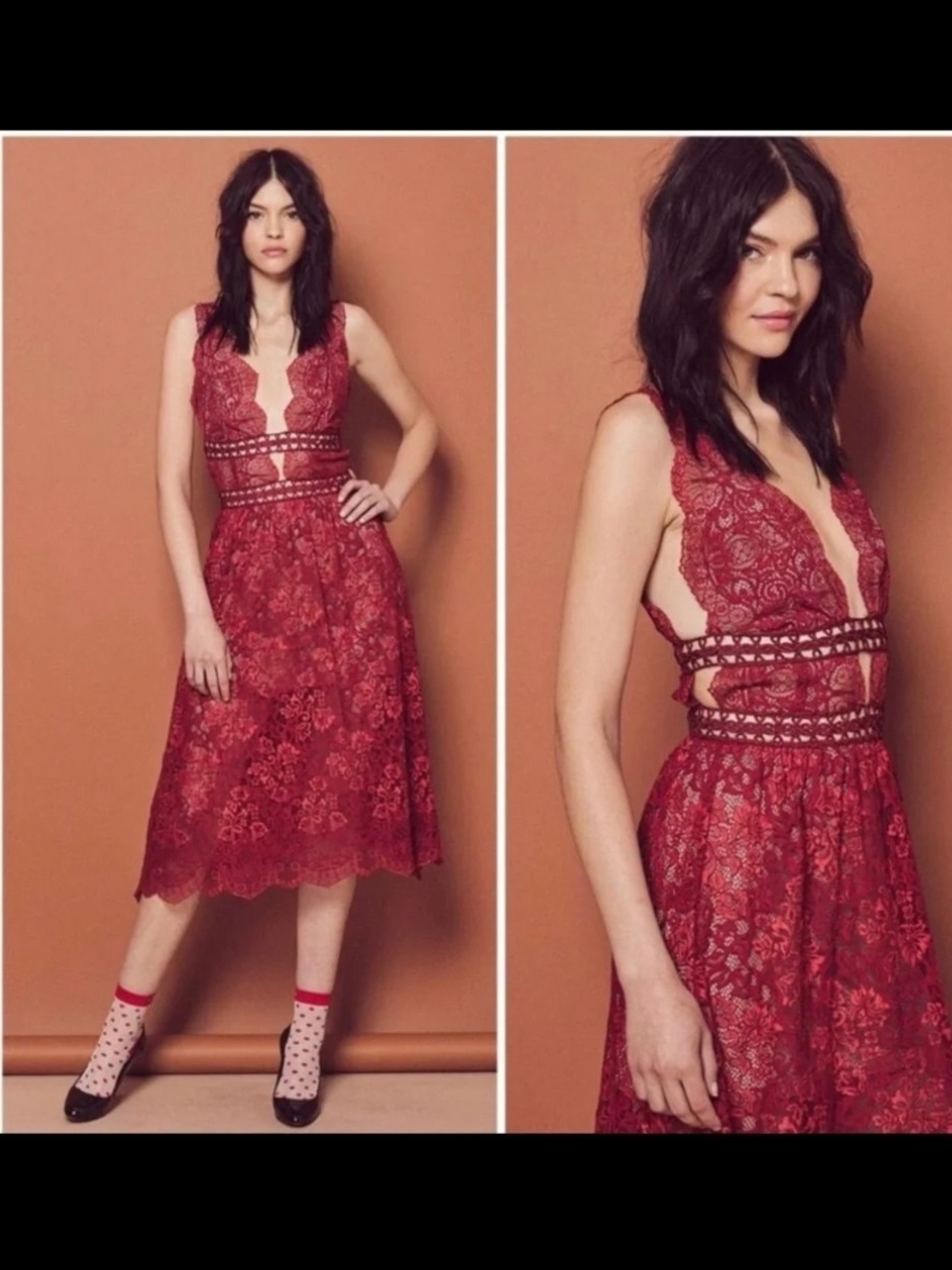 For Love & Lemons Red Lace Midi Dress with Cutout Waist